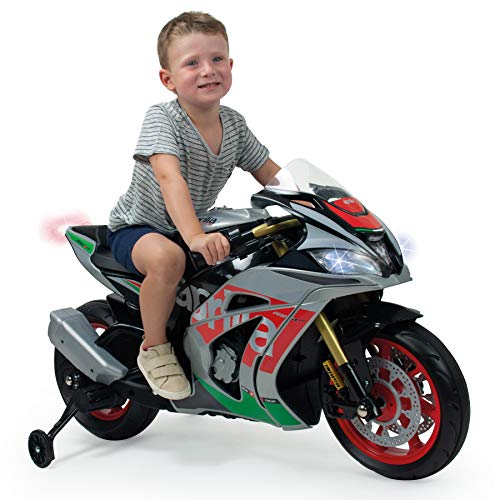 INJUSA – Moto Racing Aprilia 12V con Licencia Oficial de Marca con Luces y Sonidos y Acelerador en Puño Recomendada a Niños +3 Años