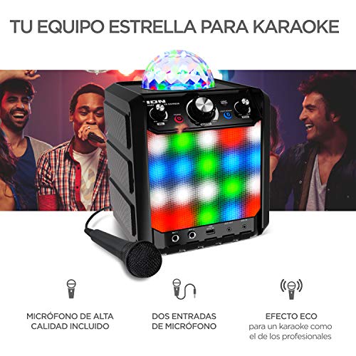 ION Audio Party Rocker Express - Altavoz Bluetooth 40W para Fiestas y Karaoke, con Micrófono y Centro de Karaoke con Pantalla de Luz de Fiesta en formato Domo, Rejilla de Luz LED y Batería Recargable