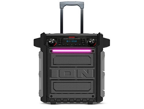 ION Block Rocker Sport Black - Altavoz Impermeable Ultra-Portátil de 100 Vatios con Batería Recargable de Larga Duración, Bluetooth, Micrófono, Radio Am/FM, Barra de Luces y Entrada Auxiliar