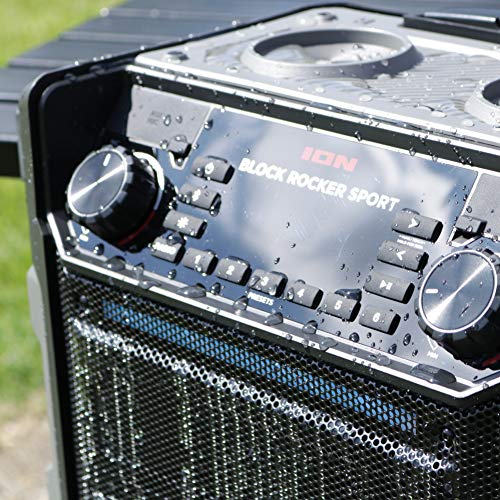 ION Block Rocker Sport Black - Altavoz Impermeable Ultra-Portátil de 100 Vatios con Batería Recargable de Larga Duración, Bluetooth, Micrófono, Radio Am/FM, Barra de Luces y Entrada Auxiliar