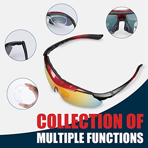 IPSXP Gafas de Sol Deportivas polarizadas 5 Lentes Intercambiables, Gafas de Ciclismo para Hombres y Mujeres, Carrera de béisbol, Escalada, Golf(Rojo&Negro)