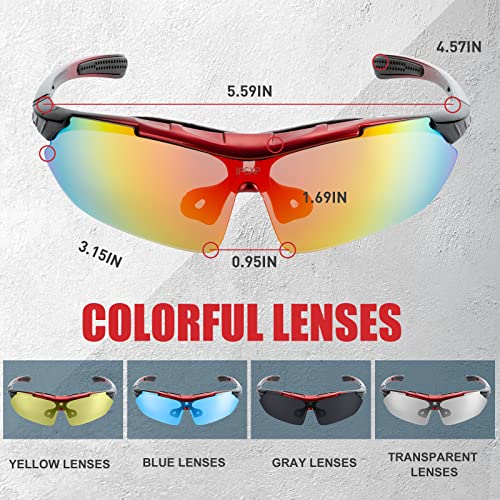 IPSXP Gafas de Sol Deportivas polarizadas 5 Lentes Intercambiables, Gafas de Ciclismo para Hombres y Mujeres, Carrera de béisbol, Escalada, Golf(Rojo&Negro)