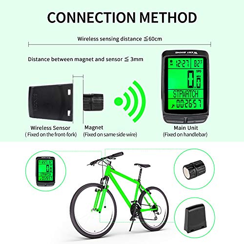 Iriisy Ciclocomputador para Bicicleta, Velocímetro de Bicicleta de Retroiluminación, con Pantalla LCD, 5 Idiomas Impermeable Cuentakilómetros para Bicicleta(5 Idiomas-Inalámbrico)