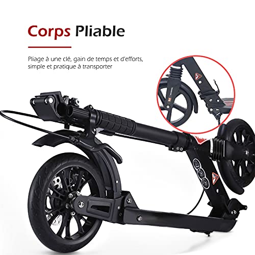 ISE Patinetes Plegable de 2 Grandes Ruedas, Kick Scooter de Manillar Ajustable 93-107cm con 200mm Ruedas y Freno de Guardabarros Trasero&Mano, para Adultos y Niños, Máx 100kg, Negro&Rojo, SY-SC002