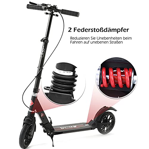 ISE Patinetes Plegable de 2 Grandes Ruedas, Kick Scooter de Manillar Ajustable 93-107cm con 200mm Ruedas y Freno de Guardabarros Trasero&Mano, para Adultos y Niños, Máx 100kg, Negro&Rojo, SY-SC002