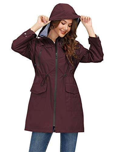 JASAMBAC Chubasqueros largos para mujer impermeables con capucha cortavientos Outwear chaqueta de lluvia gabardina, rojo vino, M