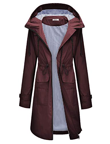 JASAMBAC Chubasqueros largos para mujer impermeables con capucha cortavientos Outwear chaqueta de lluvia gabardina, rojo vino, M