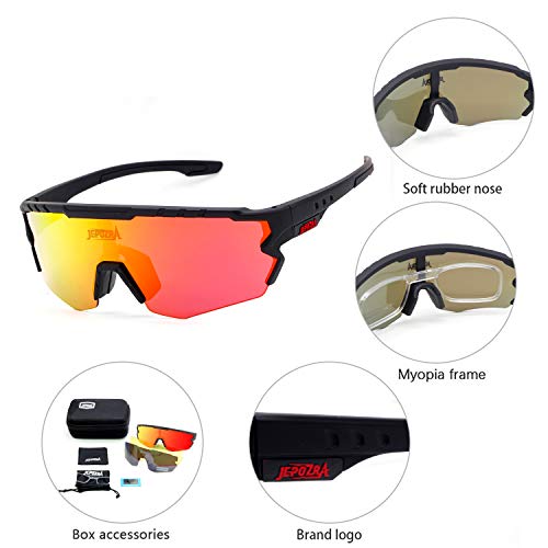 JEPOZRA Gafas Ciclismo Polarizadas, Gafas de Conducción de Medio Cuadro con 3 Lentes Intercambiables, Gafas de Protección UV para Montar Se Adapta al Esquí Correr Ciclismo,Deportes al Aire Libre