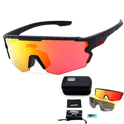 JEPOZRA Gafas Ciclismo Polarizadas, Gafas de Conducción de Medio Cuadro con 3 Lentes Intercambiables, Gafas de Protección UV para Montar Se Adapta al Esquí Correr Ciclismo,Deportes al Aire Libre