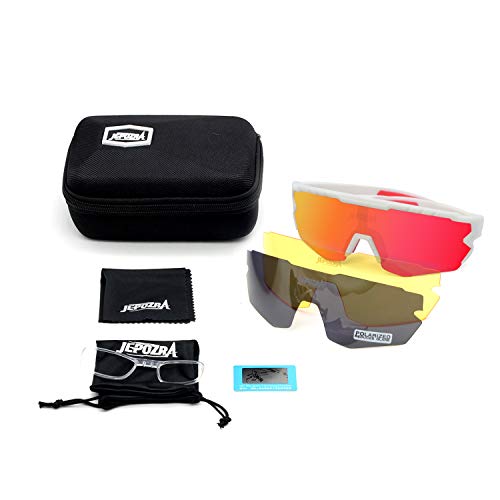 JEPOZRA Gafas Ciclismo Polarizadas, Gafas de Conducción de Medio Cuadro con 3 Lentes Intercambiables, Gafas de Protección UV para Montar Se Adapta al Esquí Correr Ciclismo,Deportes al Aire Libre