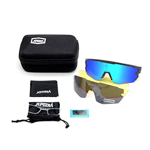 JEPOZRA Gafas Ciclismo Polarizadas, Gafas de Conducción de Medio Cuadro con 3 Lentes Intercambiables, Gafas de Protección UV para Montar Se Adapta al Esquí Correr Ciclismo,Deportes al Aire Libre