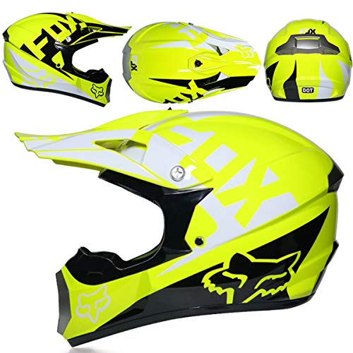 KILCVEM Casco Moto Integrales, Casco de Moto de Motocross Niños y Adultos con Gafas Guantes Máscara para MTB MX ATV Quad Dirt Bike Outdoor Cross Country Race Sport - con Diseño Fox - Amarillo,M