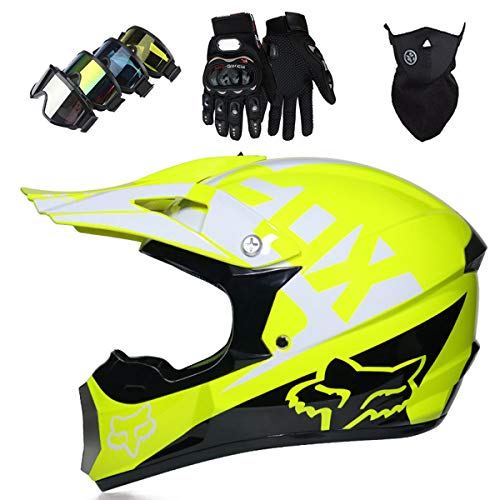 KILCVEM Casco Moto Integrales, Casco de Moto de Motocross Niños y Adultos con Gafas Guantes Máscara para MTB MX ATV Quad Dirt Bike Outdoor Cross Country Race Sport - con Diseño Fox - Amarillo,M