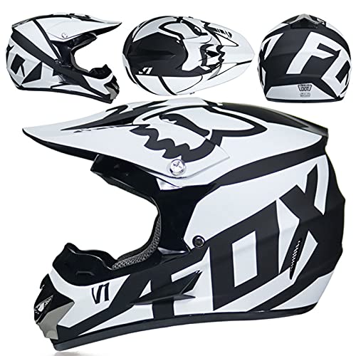 KILCVEM Casco Motocross Niño 5~12 Años ECE Homologado Casco Moto Integral Unisex para Moto Cross Descenso Enduro MTB Quad BMX Bicicleta (Gafas Máscara Guantes) con Diseño Fox - Blanco Negro,M