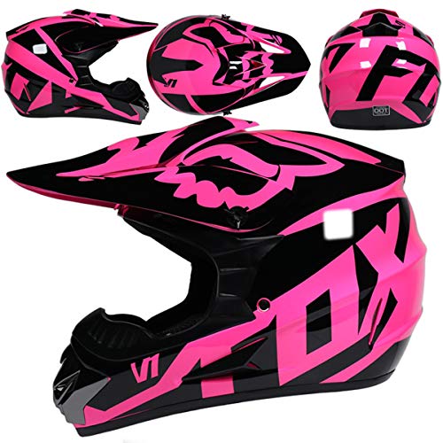 KIVEM Casco Motocross Niño Dot Certificación Casco de Moto para Niños Downhill.Cascos de Cross de Moto Set con Gafas/Máscara/Guantes - con Diseño de Fox - Rosa Brillante,S