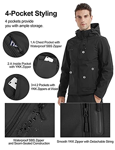 KUTOOK Chaqueta Cortavientos Hombre Chaqueta Softshell Invierno Impermeable con Capucha Extraíble para Trekking Senderismo Escalada Running Las Actividades Al Aire Libre y El Uso Cotidiano(L)