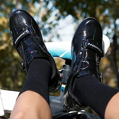 KUXUAN Zapatos de ciclismo para hombre y mujer, transpirables, de fibra de carbono, zapatos deportivos asistidos, negro-38EU