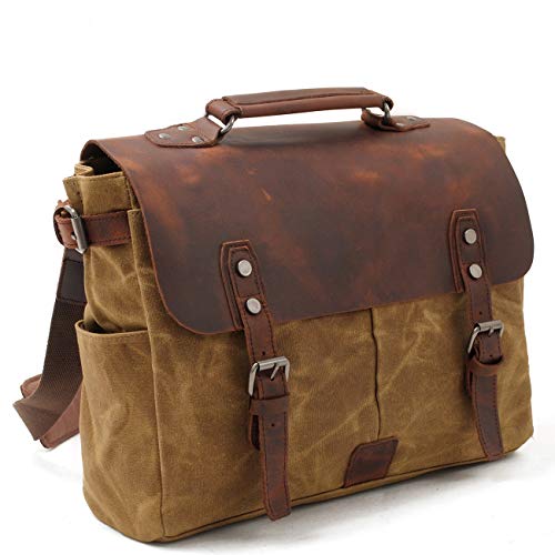 La bolsa de mensajero de los hombres Cuero Vintage lienzo bolsa de ordenador portatil impermeable bolso de lona encerada hombro maletín para Business Work School College uso diario Brown