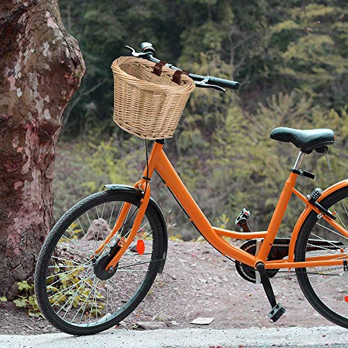 Laiashley Cesta de Mimbre para Bicicleta en Forma de D, Cesta de Manillar Delantera para Bicicleta, cestas de ratán con Correas de Cuero para Compras de Adultos, Picnic para niños