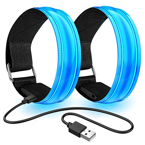 lanpard 2pcs Brazalete LED Recargable con Banda Reflectante Running, Luz para Correr Andar Ciclismo (Cable USB y Bolsa Incluidos) (Azul Flexible)