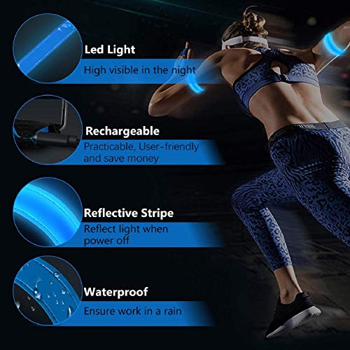 lanpard 2pcs Brazalete LED Recargable con Banda Reflectante Running, Luz para Correr Andar Ciclismo (Cable USB y Bolsa Incluidos) (Azul Flexible)