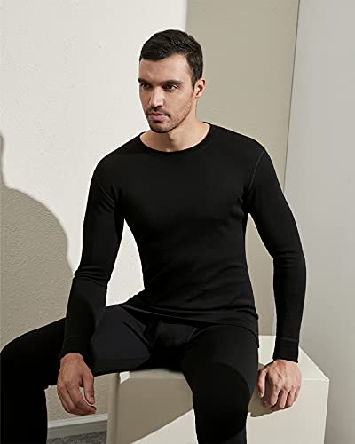LAPASA Camiseta Interior Térmica Ligera de 100% Lana Merino para Hombre Manga Larga Cuello Redondo Capa Interior M29 L Negro