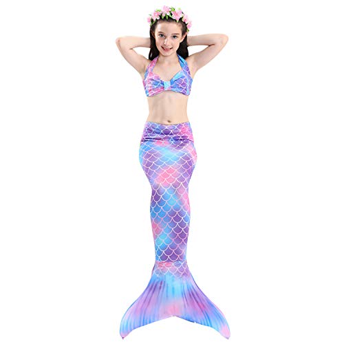 Le SSara 2018 New Muchachas Sirena Tails Bikini Traje de baño 4PCS Traje de baño con Aleta para Nadar Cosplay (130, DH48-Pink)