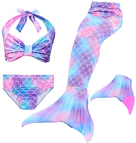 Le SSara 2018 New Muchachas Sirena Tails Bikini Traje de baño 4PCS Traje de baño con Aleta para Nadar Cosplay (130, DH48-Pink)