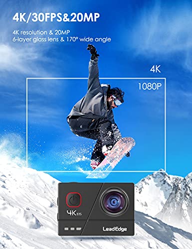 LeadEdge Cámara Deportiva 4K 20MP EIS Anti-Vibración Micrófono Externo con Control Remoto Wi-Fi 170° Gran Angular Camara Acuática Camaras Acción Sumergible de Control 40M