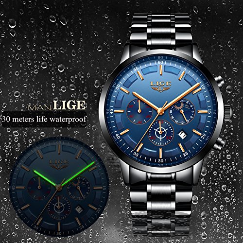 LIGE Relojes para Hombre Moda Acero Inoxidable Deportivo Analógico Reloj Cronógrafo Impermeable Negocios Reloj de Pulsera (Blue Black)