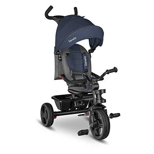 LIONELO Haari Bicicleta 2 en 1 Menores hasta 25 kg 1,5-5 años Triciclo- carrito Cesta espaciosa, bolsa y portavasos Cinturones de 3 puntos con fundas Toldo Reposapiés Jeans