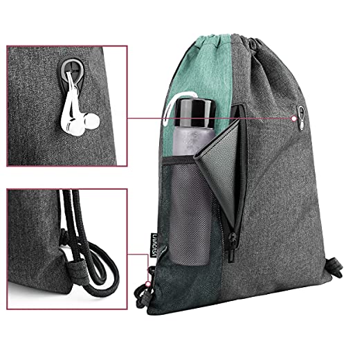 LIVACASA Mochilas de Cuerdas Mujer Hombre Toma USB para Auriculares con Bolsillos Mallas para Botellas Tela Oxford Bolsa de Cuerdas Mochilas Impermeables para Yoga Gimnasio Deportes Verde y Gris,