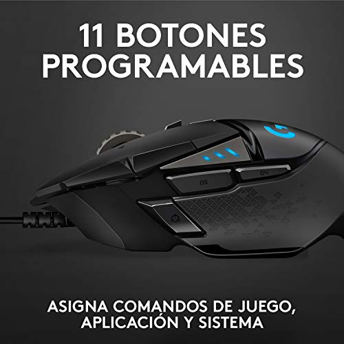 Logitech G502 HERO Ratón Gaming con Cable Alto Rendimiento, Captor HERO 25K, 25,600 DPI, RGB, Peso Personalizable, 11 Botones Programables, Memoria Integrada, PC/Mac - Negro