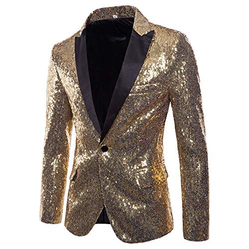 Logobeing Chaqueta de Traje para Hombre,Chaquetas para Hombre de Vestir Blazer Hombre Casual Fiesta Traje Ajustado Chaqueta de Abrigo de Lentejuelas para Hombre (XL, Gold)