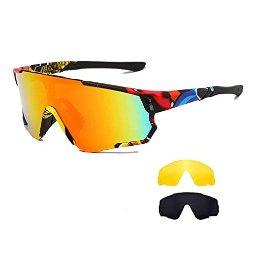 Long Keeper Gafas Ciclismo Hombres Mujeres Gafas de Sol Deportivas Polarizadas Gafas Bicicleta con 3 Lentes Intercambiables para Corriendo MTB (Marcos de colores/ Rojo)