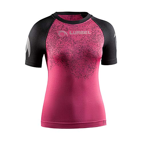 LURBEL Samba Pixel Woman, Camiseta de Trail Running, Camiseta Deportiva de Mujer, Camiseta Transpirable y Anti-Olor, Camiseta para Correr. (Fucsia - Negro, Mediana - M)