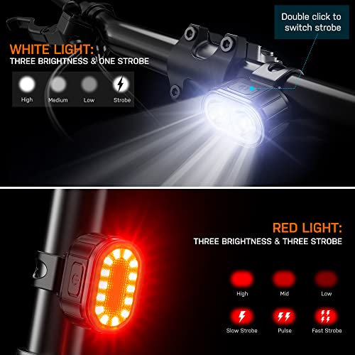 Luz Bicicletas LED, Luces Bicicleta Recargable USB, Luz Delantera Ultrabrillantes para Bicicleta y Trasera kit, IPX5 Impermeable Luces Potentes Bicicleta Carretera y Montana Juego de Modo 4/6