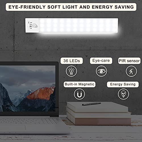 Luz LED Armario Magnética con Sensor Movimiento 36 LEDs 4 Modos Luz LED Adhesiva USB Recargable 800mAh Luz Nocturna para Escaleras, Armario, Pasillo, Cocina, Garaje-2 Packs