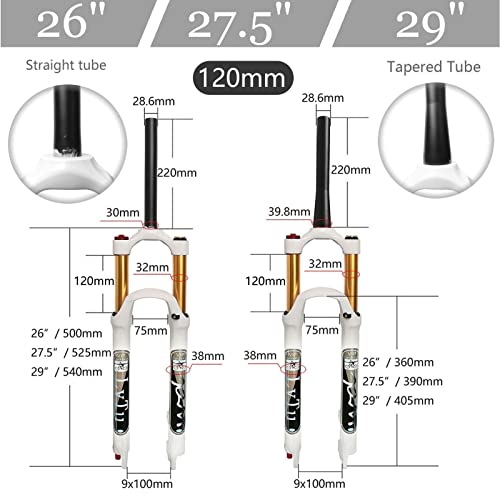 LvTu Aire Horquilla MTB Horquilla de Suspensión de Bicicleta de Montaña 26/27.5/29 Viaje 120mm,Horquilla Delantera MTB,Ajuste de Rebote 1-1/8 Tubo Recto/Cónico QR 9mm Bloqueo Manual/Remoto