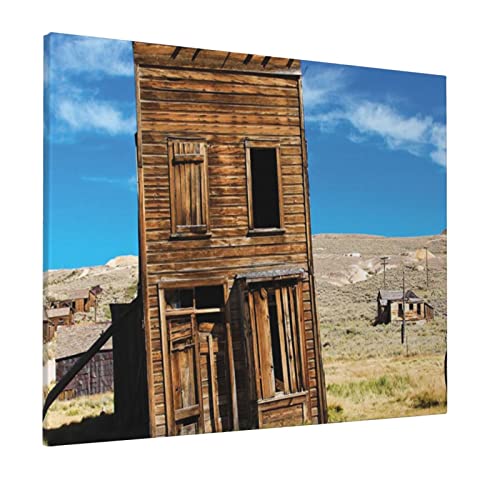 M-shop Pintura de 40,6 x 50,8 cm, decoración rústica del hogar envejecido, podrida, madera doblada, edificio con palo en Old West Ghost Town Imagen marrón azul Panoramic Canvas Wall Art