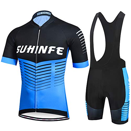 Maillot Ciclismo Hombre Verano, Ropa Ciclismo Manga Corta con Cremallera Completa y 3 Bolsillos Traseros y Culotte Ciclismo para MTB, Azul, L