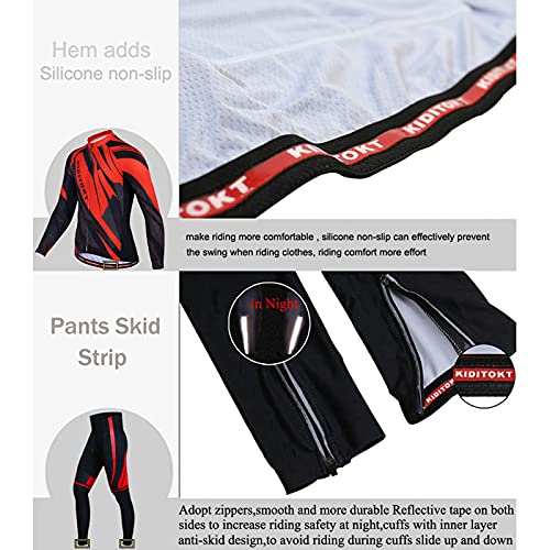 Maillot Ciclismo Invierno para Hombres, Manga Largo Abrigo + Pantalones Ajustados con 3D Acolchado De Gel, Térmico de Lana Anti-Viento, Cómodo Respirable Secado Rápido Antideslizante,C,3XL