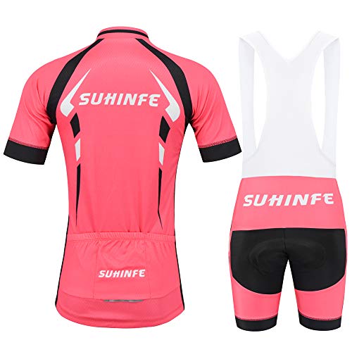 Maillot Ciclismo Mujer Verano, Respirable equipacion Ciclismo y Culotte Tira Reflectante y Bolsillos Traseros, MTB, Rosa, S