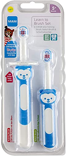 MAM Learn to Brush Set de cepillo de dientes para bebé con mango largo para sujetar juntos, cepillo de dientes para niños que entrena el cepillado de los dientes, a partir de 5 meses, azul