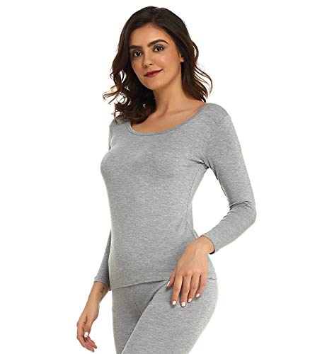 Mcilia Camiseta para Mujer Térmica Modal Ultradelgada de Manga Larga y Cuello Redondo Gris Small (EU 34 36 38)