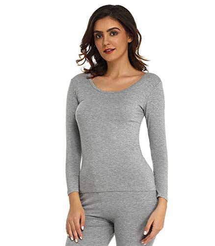 Mcilia Camiseta para Mujer Térmica Modal Ultradelgada de Manga Larga y Cuello Redondo Gris Small (EU 34 36 38)