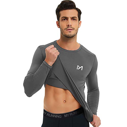 MEETYOO Camiseta Compresion Hombre, Ropa Deportiva Manga Larga Base Layers para Running Gym Ciclismo (Gris-1, L)