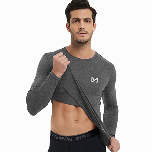 MEETYOO Camiseta Compresion Hombre, Ropa Deportiva Manga Larga Base Layers para Running Gym Ciclismo (Negro + Azul + Gris, XL)