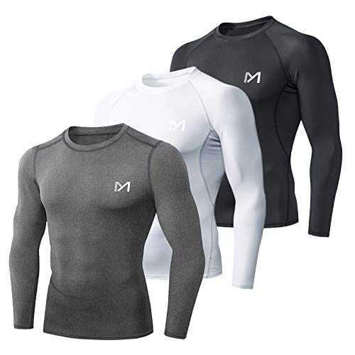 MEETYOO Camiseta Compresion Hombre, Ropa Deportiva Manga Larga Base Layers para Running Gym Ciclismo (Negro+Gris+Blanco, M)