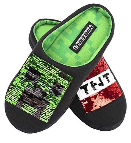 Minecraft - Pantuflas Negras para Niños - Pantuflas de Minecraft con Lentejuelas Reversibles - Diseño del Creeper de Minecraft y Caja de TNT - Pantuflas para Niños Talla UK 1/EUR 33, Edad 8